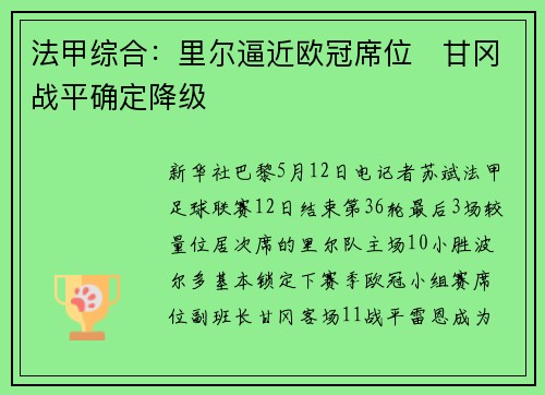 法甲综合：里尔逼近欧冠席位　甘冈战平确定降级